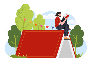 Book festival poster. Girl sitting at huge red textbook or fiction. Love for reading and literature, useful hobby. Education and learning. Cartoon flat vector illustration isolated on white background