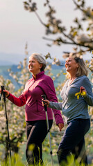 Fototapeta premium Portrait of adult women friends stopped to admire the blossoming of apple trees while walking and doing Nordic walking, vertical poster
