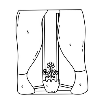 recommend clip art: Open window. Pot with flower on windowsill. Tulle sways in light breeze. Spring or summer season. Black and white vector isolated illustration hand drawn doodle. Clip art, icon or card