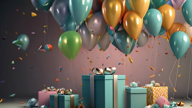 Gift boxes and colorful balloons on wooden background. Birthday party concept, 3D render of a birthday background with a gift box, balloons, and confetti, AI Generated