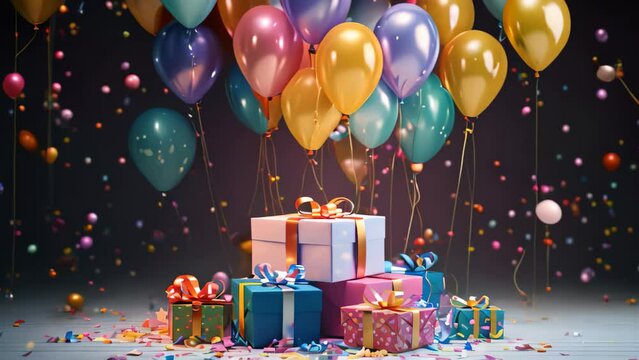 Gift boxes with balloons and confetti on blue background. 3D Render, 3D render of a birthday background with a gift box, balloons, and confetti, AI Generated