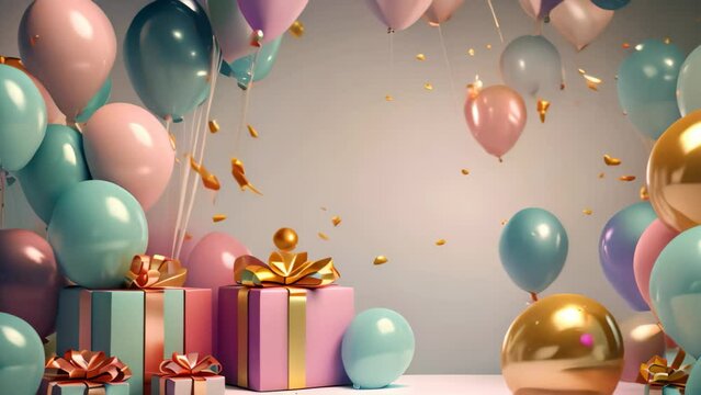 Gift box with balloons and confetti on the floor. 3d rendering, 3D render of a birthday background with a gift box, balloons, and confetti, AI Generated