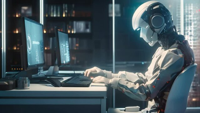 3d rendering humanoid robot working on computer in dark office at night, 3D rendering of a humanoid robot engaged in computer work within a dark office room, AI Generated
