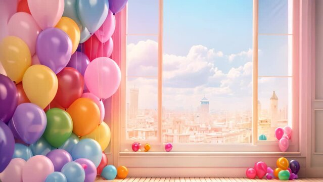 Colorful balloons in the room with the view of the city. 3d rendering, 3D rendering of colorful balloons in a room with a window in the background, AI Generated