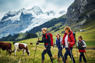 Advertising for active vacation and lifestyle, middle-aged tourists doing Nordic walking while on vacation walking along a green beautiful alpine meadow - obrazy, fototapety, plakaty