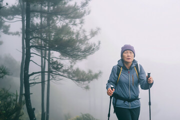 Senior Asian middle-aged woman goes hiking in the mountains, foggy morning in the mountains after rain, holding Nordic walking poles in her hands, senior active lifestyle