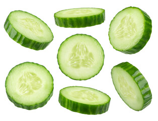 Round cucumber slices from different angles isolated on a transparent background.
