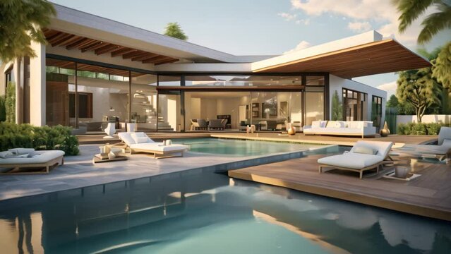 3d rendering of modern house with swimming pool and beautiful landscaping, 3D rendering portraying a modern house terrace with a swimming pool, AI Generated