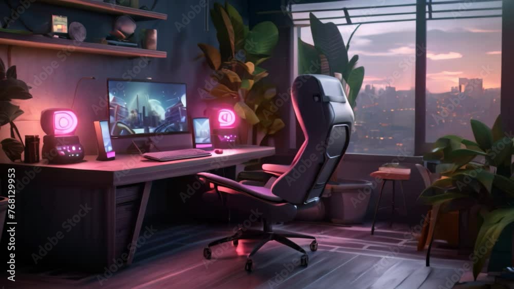 Sticker A 3D rendering captures a gaming room with a computer and a chair, --ar 3:2 --v 5.2 Job ID: 53ca5c9d-b2af-4f25-851c-c0645d9c4e1b