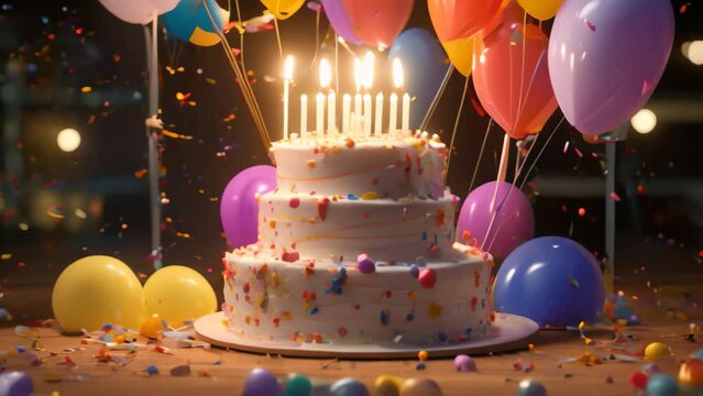 Birthday cake with burning candle and colorful balloons on wooden table, A 3D render showcases a birthday cake with candles, balloons, and confetti, AI Generated