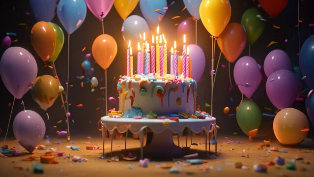 Birthday cake with candles and confetti on wooden table. Selective focus, A 3D render showcases a birthday cake with candles, balloons, and confetti, AI Generated