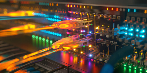 Fiber Optic cables connected to optic ports and Network cables connected to ethernet ports - Connecting fiber optic and network cables to respective ports - obrazy, fototapety, plakaty