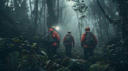 Rescue team in rescue operation in tropical rain forest .Searching for missing person ,help injured people .. - obrazy, fototapety, plakaty