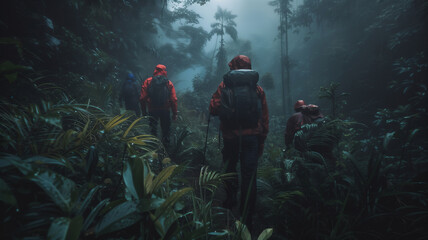 Rescue team in rescue operation in tropical rain forest .Searching for missing person ,help injured people .. - obrazy, fototapety, plakaty