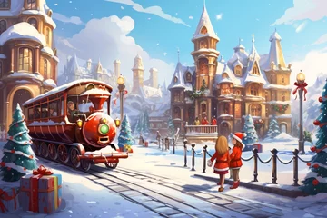 Poster a train going through a snowy town © Ion