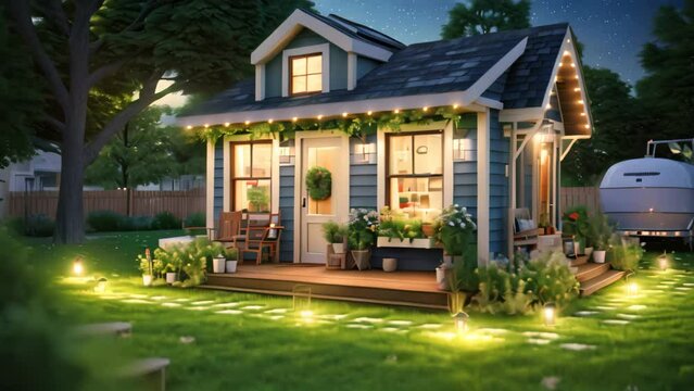 3D rendering of a house in the garden at night with lights, A 3D rendering features a small house on the grass with a lot of lights, AI Generated