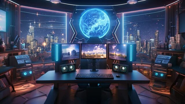 3D rendering of a spaceship interior with a view of the city, A 3D rendering features a small house on the grass with a lot of lights, AI Generated