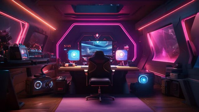 Futuristic interior of a spaceship with neon lights. 3D rendering, A 3D rendering features a small house on the grass with a lot of lights, AI Generated