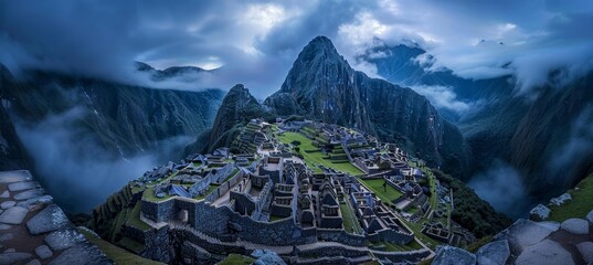 Machu picchu  incan citadel at sunset in andes mountains, peru   panoramic view on mountain ridge - obrazy, fototapety, plakaty