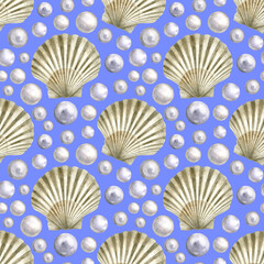 Seamless pattern of watercolor Seashell and sea pearls. Hand drawn illustration of sea Shell on lavender background. Colorful drawing of Scallop. Ocean Cockleshell marine underwater. For print