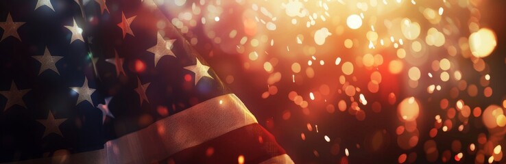 Vintage American flag with blurred fireworks on the background, panoramic banner for USA national holiday Generative AI