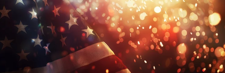Deurstickers Vintage American flag with blurred fireworks on the background, panoramic banner for USA national holiday Generative AI © SKIMP Art