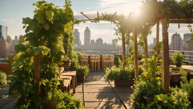 Restaurant in Chicago, Illinois, USA. Beautiful nature of Chicago, A beautiful rooftop garden in the city adorned with lush green plants, AI Generated