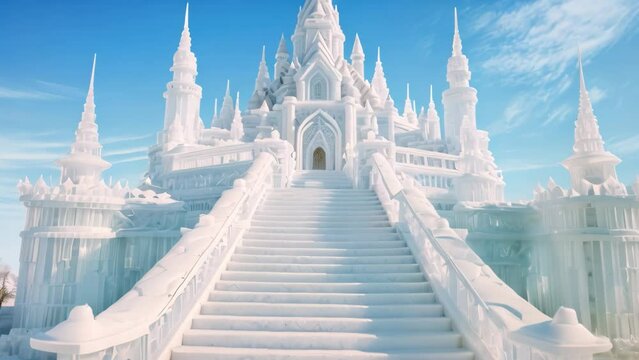 White temple and stairs in the blue pool. 3d render, A beautiful architectural castle with large steps on the stairs surrounded by ice and water under a clear sky, AI Generated