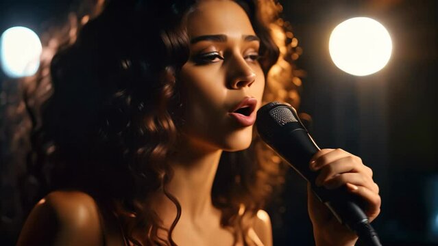 Beautiful young woman singing with microphone in dark room. Music concept, A beautiful young woman sings into a microphone on a dark background, AI Generated
