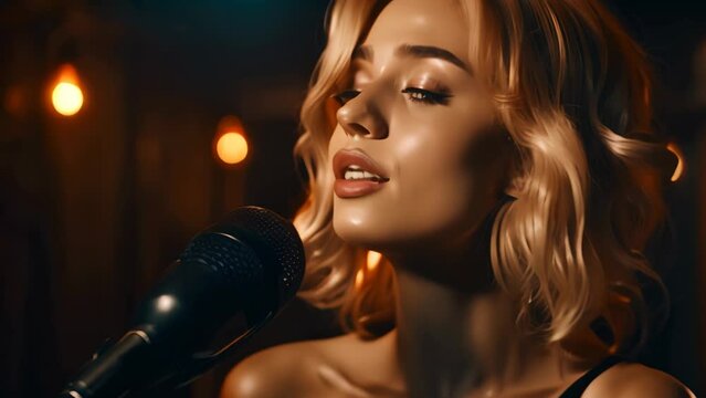 Beautiful young woman singing into a microphone. Beauty, fashion, A beautiful young woman sings into a microphone on a dark background, AI Generated