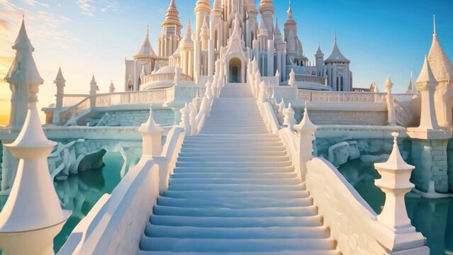 White stupa on blue sky background. 3D illustration, A beautiful architectural castle with large steps on the stairs surrounded by ice and water under a clear sky, AI Generated