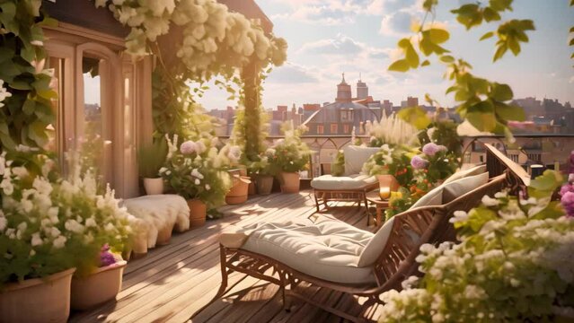 Luxury terrace with chairs and flowers in Paris, France, A beautiful rooftop garden in the city adorned with lush green plants, AI Generated