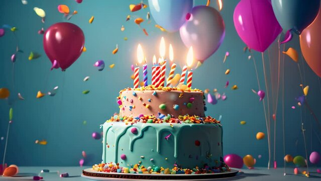 Birthday cake with candles, balloons and confetti on blue background, A birthday cake with colorful balloons and confetti is presented on a blue background, AI Generated