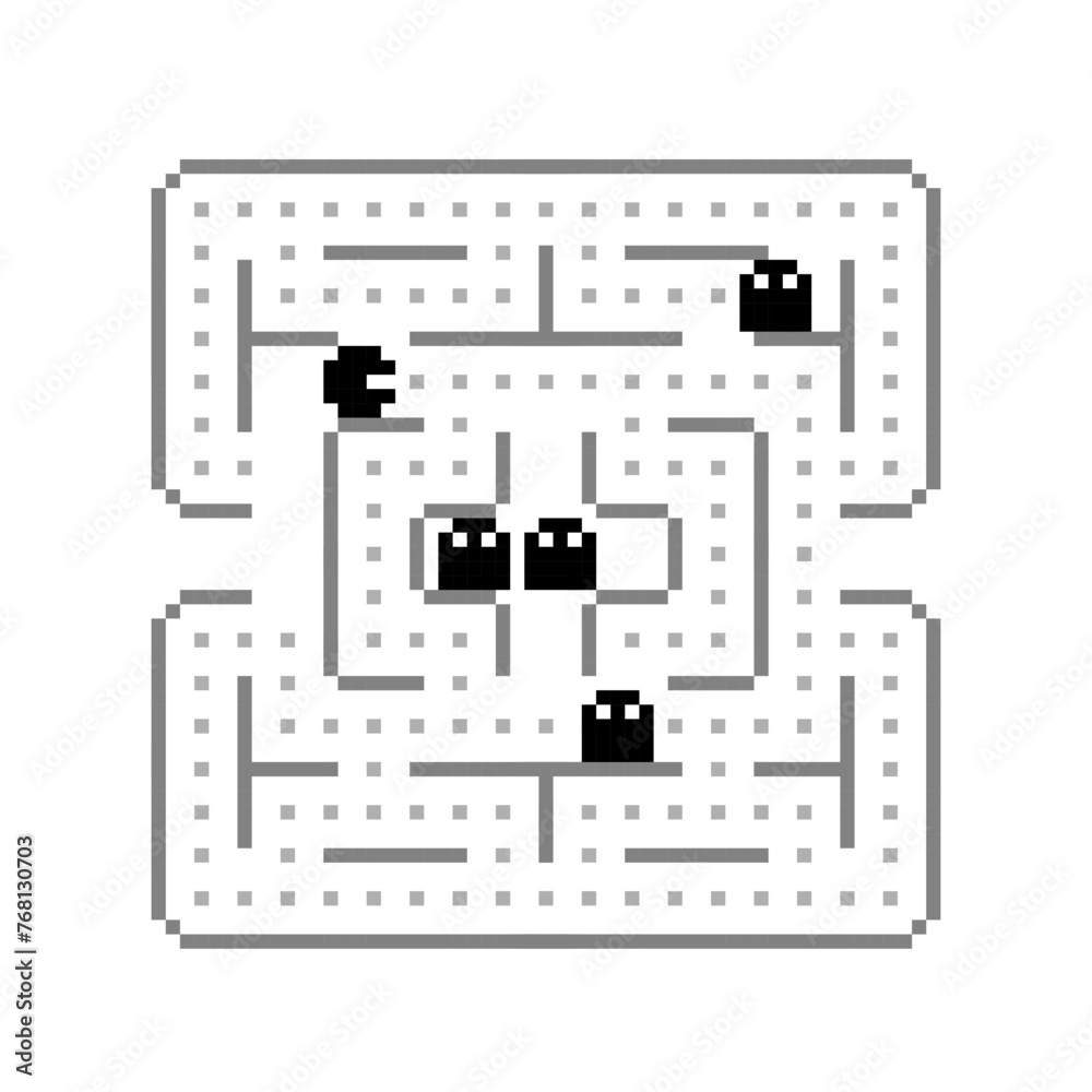 Poster Retro pixel video game scene screen background. Abstract labirint arcade game concept in geek pixel graphics in 80s -90s style . Simple pixel game elements. Editable vector template