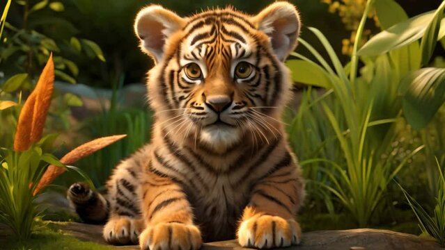 Portrait of a tiger cub sitting on rock in the garden, A charming tiger cub seated on the grass, displaying detailed features, AI Generated