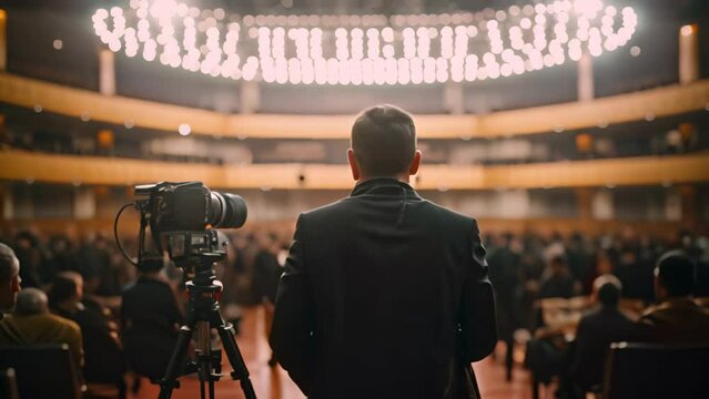 Rear view of a man with a camera in the conference hall, A cameraman with a professional digital camera stands in front of a conference hall, AI Generated