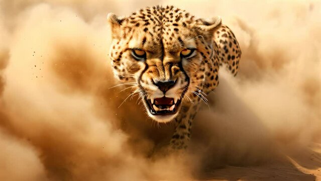 Cheetah in the desert. 3D illustration. Copy space, A cheetah in a sandstorm is depicted in a 3D render illustration, AI Generated