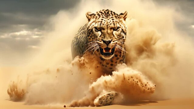 Cheetah in the desert - 3D rendered Illustration, A cheetah in a sandstorm is depicted in a 3D render illustration, AI Generated