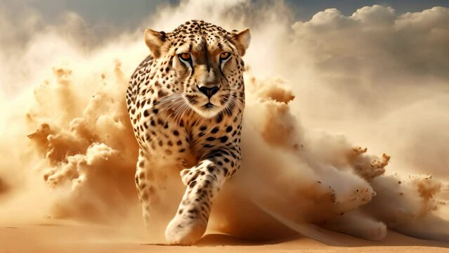 Cheetah in the sand. 3d illustration. 3d rendering, A cheetah in a sandstorm is depicted in a 3D render illustration, AI Generated