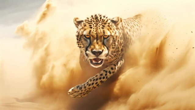 Cheetah in the sand. Side view. 3d rendering, A cheetah in a sandstorm is depicted in a 3D render illustration, AI Generated