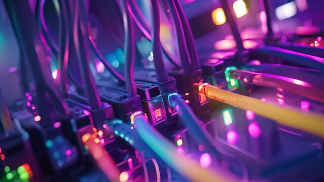 Fiber Optic cables connected to an optic ports in data center, A close-up shot of network cables connected to an internet hub, featuring a shallow depth of field, AI Generated