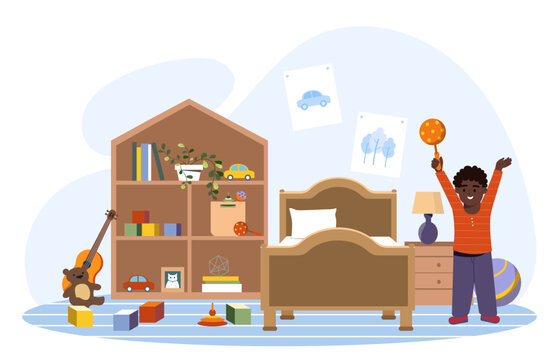 Boys bedroom interior concept. Playroom and childroom with wooden cabinet and bed. Kid play with toys. Guitar, bear, car and maracases. Cartoon flat vector illustration isolated on white background