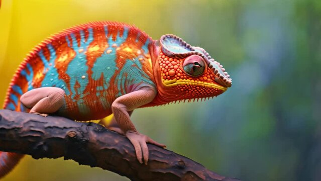 A colorful chameleon perched on a branch against a blurred nature background, --ar 3:2 --v 5.2 Job ID: 138a9311-c5a2-42c0-aad2-815d3a7c2522