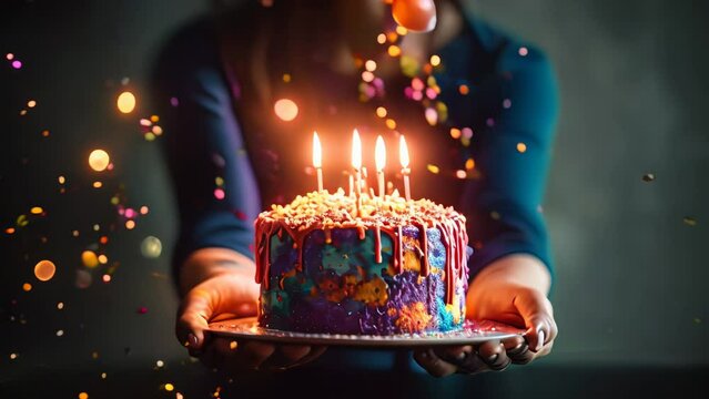 Colorful multi-colored cake with candles in female hands. Festive birthday greetings.