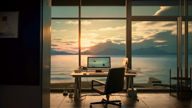 Modern office interior with sea view and sunset. 3D Rendering, A computer room offers a view of the sea, islands, and the sky, AI Generated