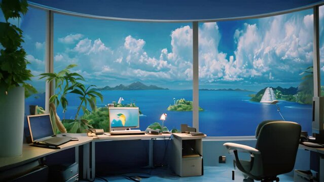 Contemporary office interior with panoramic view of the sea and islands, A computer room offers a view of the sea, islands, and the sky, AI Generated