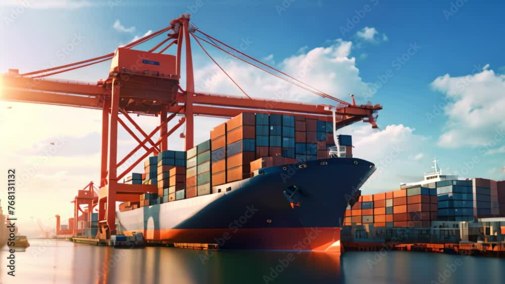 Wall mural Container Cargo freight ship with working crane bridge in shipyard for Logistic Import Export background, A container cargo freight ship with a working crane bridge forms an, AI Generated