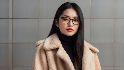 Model asian woman wearing modern beautiful coat and glasses, photoshoot