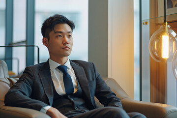 A guy of Asian appearance, an office worker, in melancholy