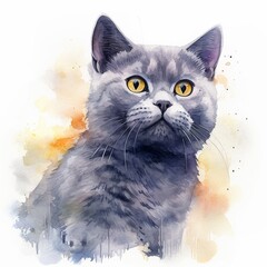 Chartreux, watercolor, painting, colorful, cute